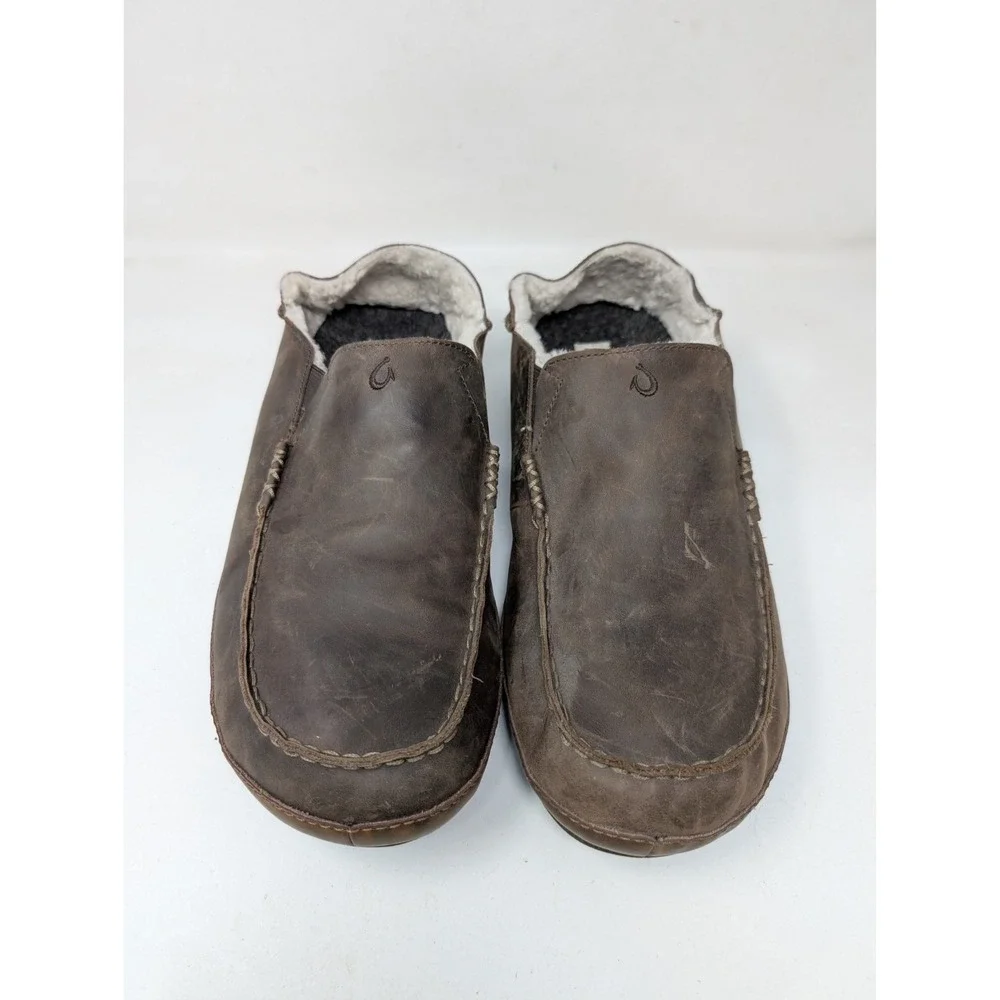 Olukai Moloa Men's Size 14 Leather Shearling Slippers Shoes Sheep Fleece Lined‎